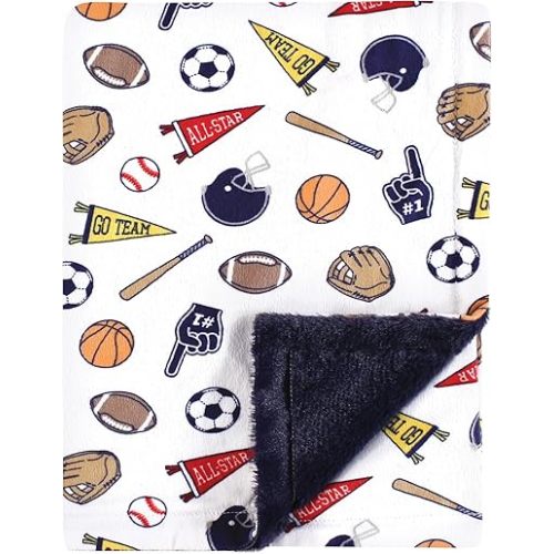 Hudson Baby Infant Boy Plush Blanket with Furry Binding and Back, Sports Fan, One Size