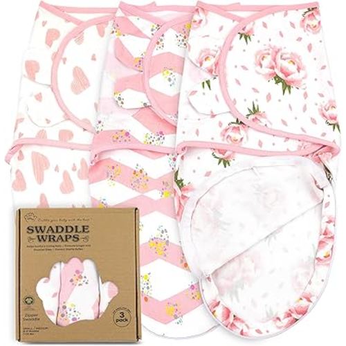 Bublo Baby Swaddle Sleep Sack with Zipper - Swaddles for Newborns - 3 Pack Organic Baby Swaddles for 0-3 Months - Infant Sleeping Swaddle Sack – Adjustable Swaddle Blanket Wrap Girl, Pink Floral