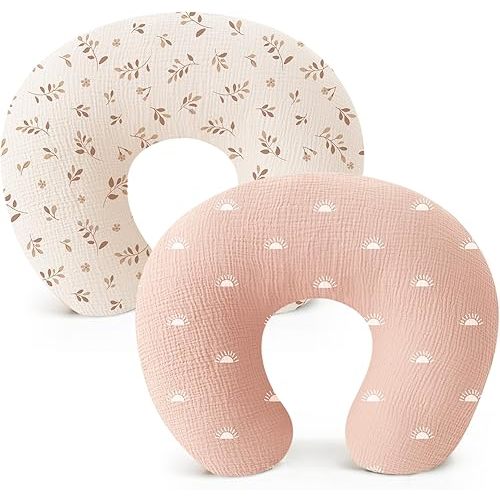 Konssy Muslin Nursing Pillow Covers, Soft and Cute Nursing Covers for Breastfeeding Pillows, Ideal for Newborn Baby Boys and Girls (Brown Leaf, Pink Sun) - 2 Pack