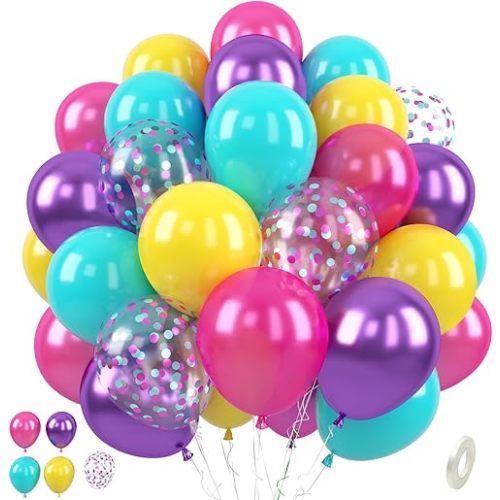 Paready Pink Blue Purple Balloons, 50 PCS Rainbow Party Balloons, 12 Inch Hot Pink Teal Blue Metallic Purple Yellow Confetti Balloon for Girls Magic Theme Baby Shower Birthday Wedding Party Decoration