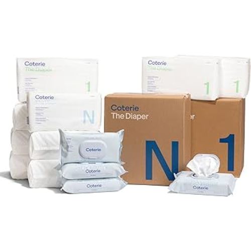 Coterie Baby Diapers + Wipes Baby Kit, Size 1 (198 Count) Size Newborn (93 Count) 4 Wipe Packs (224 Wipes) Made with Plant-Based Fibers, Hypoallergenic, Designed for Sensitive Skin, Clean Ingredients