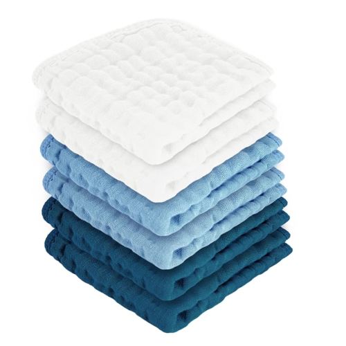 Baby Washcloths 100% Cotton Size is 12x12 inches. Lightweight, Portable, and Ideal for use at Home or on The go. (White & Blue 6 Pieces)