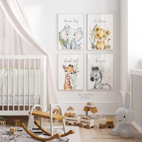 Set of 4 Safari Prints Gender Neutral Nursery Prints Boys Bedroom Decor Baby Jungle Animals Girls Wall Art Lion Elephant Zebra Giraffe Gifts