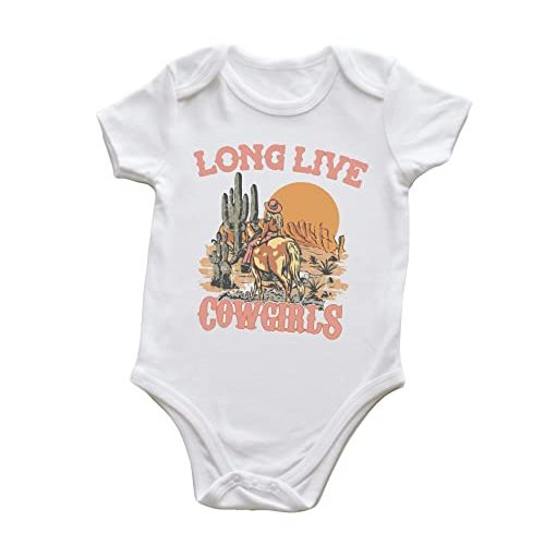 Baby Girl Western Bubble Romper Long Live Cowgirls Cow Cactus Letter Print One-Piece Vintage Bodysuit Jumpsuit (0-6 months, white)