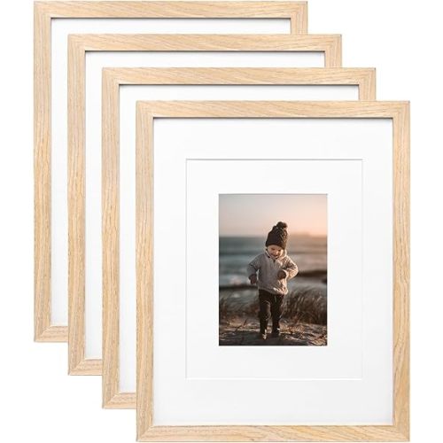 KINLINK 11x14 Picture Frames Natural Wood Frames with Acrylic Plexiglass for Pictures 5x7/8x10 with Mat or 11x14 without Mat, Tabletop and Wall Mounting Display, Set of 4