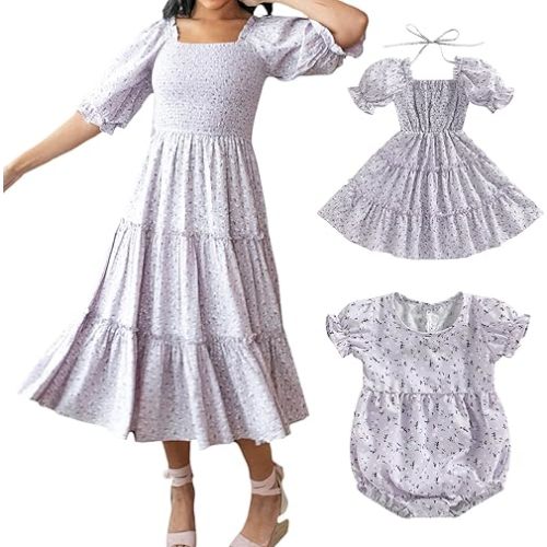 Mommy and Me Dress Mother and Daughter Matching Family Outfits Summer Mom and Girls Square Neck Maxi Dress
