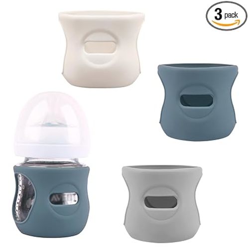 3 Pack Silicone Sleeves for Avent Natural Glass Baby Bottles, Anti Breakage Baby Bottle Holder, Compatible Philips Avent Glass Natural Baby Bottle 4 oz(Grey+Dark Blue+Apricot)