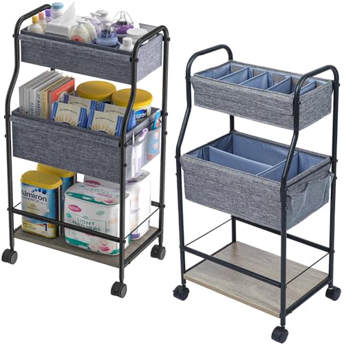 3-Tier Baby Diaper Caddy Organizer and Storage Cart with 4+2 Dividers, Mobile Metal Utility Cart with Rolling Wheels for Nursery Essentials, Large Capacity Rolling Cart for Crib, Bedroom, Bathroom
