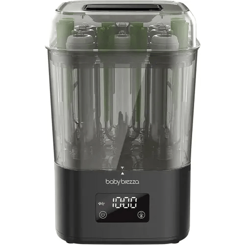 Baby Brezza 10 Minute SuperQuick Bottle Sterilizer + Dryer - Large 8 Bottle Capacity - Steam Sanitization – Universal Fit for All Bottles: Plastic + Glass + Pacifiers + Breast Pump Parts, Matte Black