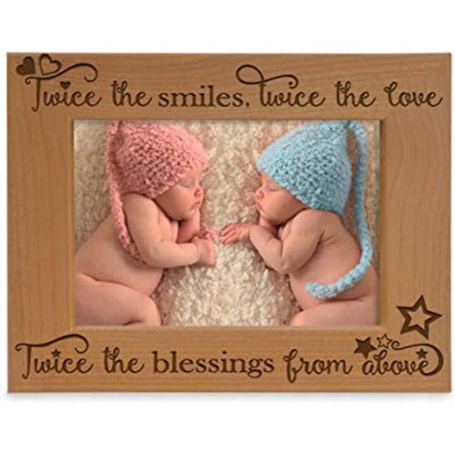 KATE POSH - Twice the Smiles, Twice the Love, Twice the Blessings from above - Engraved Natural Wood Picture Frame - Twins photo frame, Twins gifts for babies, Twins gifts for mom (4x6-Horizontal)