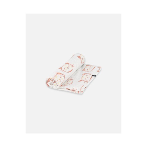 Deux Par Deux Baby Girl's Organic Cotton Blanket Heather Beige With Printed Cat, Heather Beige Printed Cat