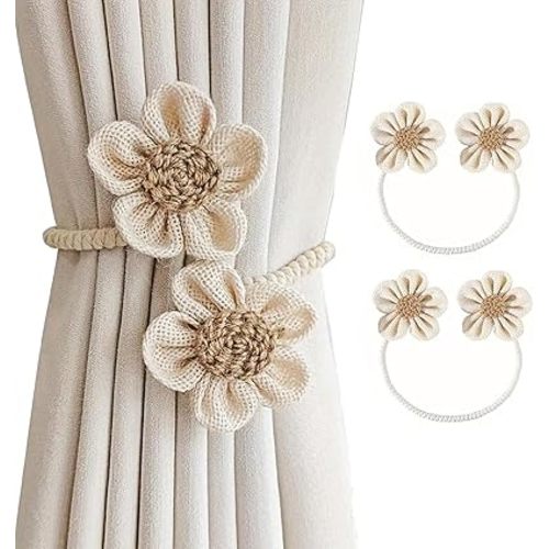 2pcs Curtain Tiebacks Floral No-Punch Twist Curtain Tiebacks,Cute Curtain Holder Ties Flower Curtain Buckles Curtain Decorative Tiebacks Home Decoration (Beige)