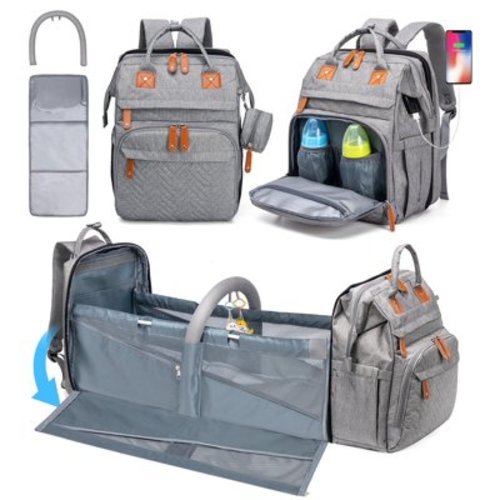 Kabaqoo Baby Diaper Bag Waterproof , Newborn Multifunctional Baby Backpack with Changing Station, Gray