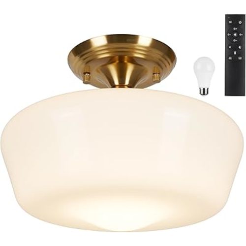 Schoolhouse Semi Flush Mount Ceiling Light with Dimmable Bulb Remote Control, 12" Modern Gold Hallway Ceiling Lamp with Opal Milk Glass Shade, Farmhouse Globe Light for Bedroom Kitchen Laundry