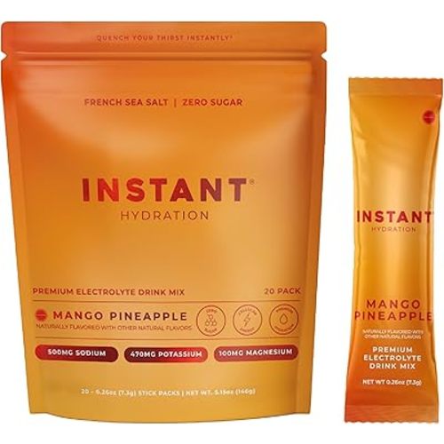 Instant Hydration Sugar Free Electrolytes Powder Packets - Mango Pineapple Electrolyte Drink Mix & Travel Essentials - Post Workout Recovery, Brain Health, Muscle & Tissue Support - 20 Sticks