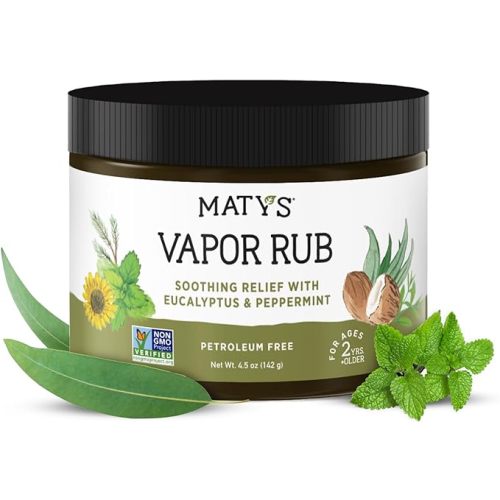 Matys Vapor Rub for Adults & Kids 2 Years Old +, Non-GMO Herbal Chest Rub to Clear Stuffy Noses, Relieve Cough & Congestion, Petroleum Free, Gluten Free with Eucalyptus & Peppermint, New 4.5 oz tub