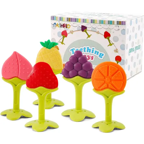 NASHRIO Baby Teething Toys Pack of 5 - Silicone BPA Free Natural Organic Freezer Safe Teethers for Newborn Infant, Soft & Textured - Babies Shower Gift