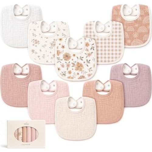Konssy 10-Pack Muslin Baby Bibs for Drooling and Teething