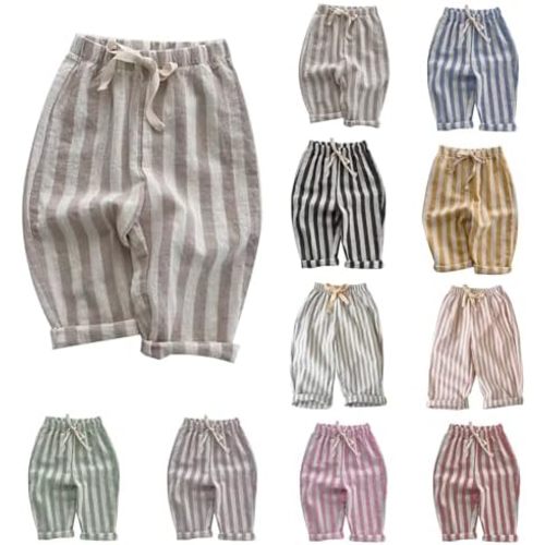Boys Girls Cotton Linen Harem Bloomers Pants for Baby Toddler Cute Striped Bloomer Elastic Basic Harem Pants Joggers