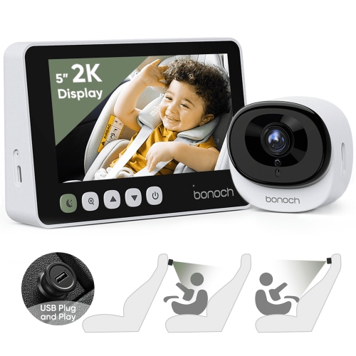 bonoch 5" 1440P Baby Car Camera - 360° Rotating Wide View Backseat Monitor with Night Vision, USB Powered, Easy Setup Car Seat Mirror