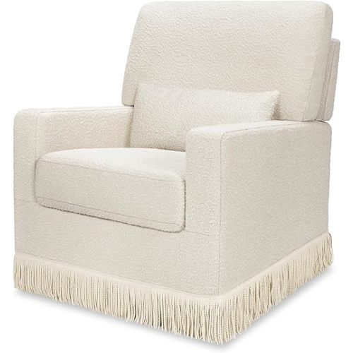 NAMESAKE Crawford Pillowback Comfort Swivel Glider in Ivory Boucle with Ivory Tassel Fringe, GREENGUARD Gold and CertiPUR-US® Certified, Easy Assembly