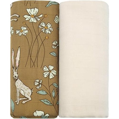 LifeTree Muslin Baby Swaddle Blankets, Swaddling Neutral Newborn Receiving Blanket for Boys & Girls, 70% Viscose from Bamboo and 30% Cotton, Large 47 x 47 Floral with Bunny Print
