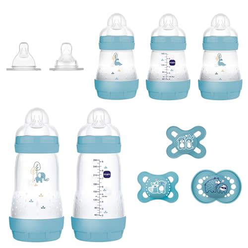 MAM Newborn Essentials Matte Feeding Set, Easy Start Anti-Colic Bottles 5oz, Self-Sterilizing, For 0-3 Months Pacifiers, Skinsoft Silicone Nipples, 10 Pieces For Boy