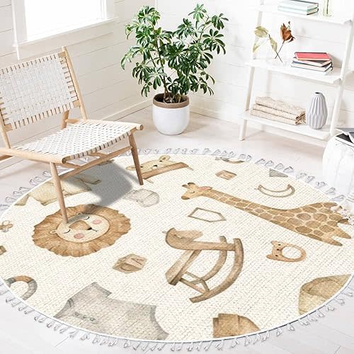 Round Boho Area Rug Watercolor Lion Forest Woodland Animals Carpet with Tassels Meditation Rug Washable Hallway Floor Mat Runner Rugs for Playroom Classroom Kids Room Nursery Decor 4 ft