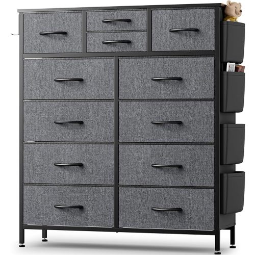 Himusi Dresser for Bedroom Tall Dresser Fabric Storage Dressers 12 Drawer with Side Pockets and Hooks, Metal Frame, Wood Top, Chests of Drawers for Closet, Hallway, Living Room, Entryway, Dark Grey