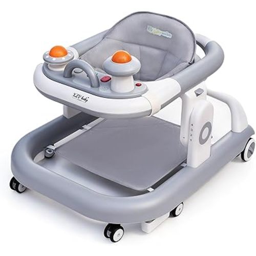 5-in-1 Baby Walker with Wheels Foldable Height-Adjustable Walker for Baby Boy 6-12 Months with Feeding Tray Multi-Functional Activity Center Battery-Free Function (Grey)