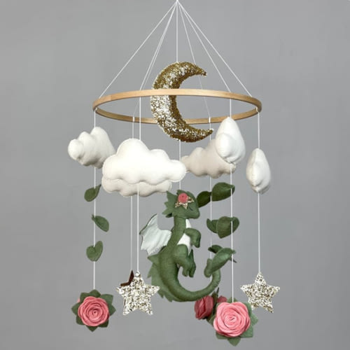 Dragon mobile for baby girl Baby dragon nursery mobile Fantasy nursery decoration Baby crib mobile Flower mobile Green dragon mobile crib Felt hanging mobile New baby girl gift Fantasy baby shower