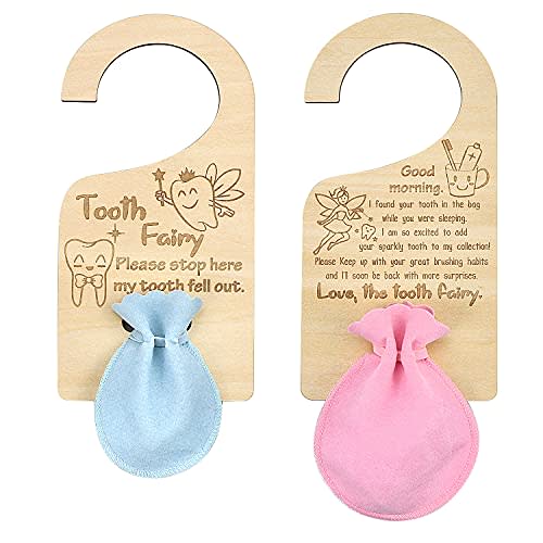 MoonBrush Tooth Fairy Door Hanger Set, with Tooth Bags Encourage Gift for Lost Teeth Kids, 4 Piece Set