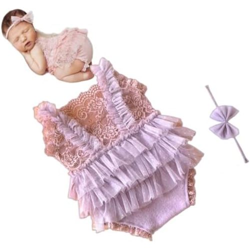 Newborn Baby Girl Photography Props Stretch Romper with Lace Trim & Headband,Newborn Outfit for Photoshoot