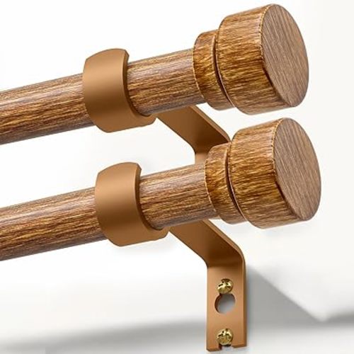 2 Pack Wood Curtain Rods for Windows 48 to 84 Inches 1" Diameter Boho Decorative Heavy Duty Window Curtain Rod Set Adjustable with Solid Finials for Living Room Bedroom Kitchen Farmhouse Outdoor