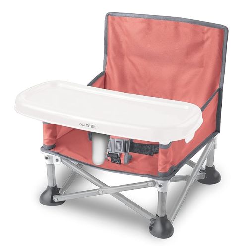 Summer by Bright Starts Pop 'N Sit Portable Booster Chair, Floor Seat, Indoor/Outdoor Use, Compact Fold, Coral, 6 Mos - 3 Yrs - Coral & Gray - Solid