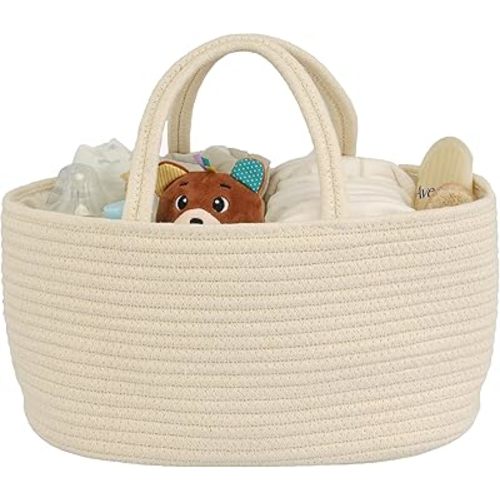 Diaper Caddy Organizer Cotton Rope Baby Basket Nursery Storage and Portable Tote Bag for Car Ideal Baby Shower Gifts and Registry Must-Have for Newborn Essentials Large beige
