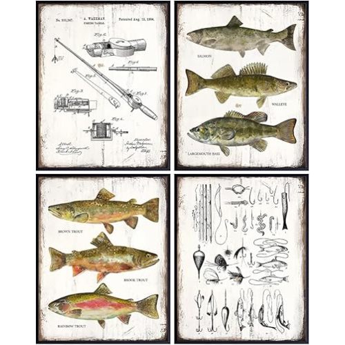 LARGE 11x14 - Fishing Accessories Gifts - Rod, Reel, Lures Patent Print Set - Lake Mountain House Decor for the Home - Rustic Bass, Trout, Freshwater Fish Wall Art - Room Decoration Poster - Fishermen