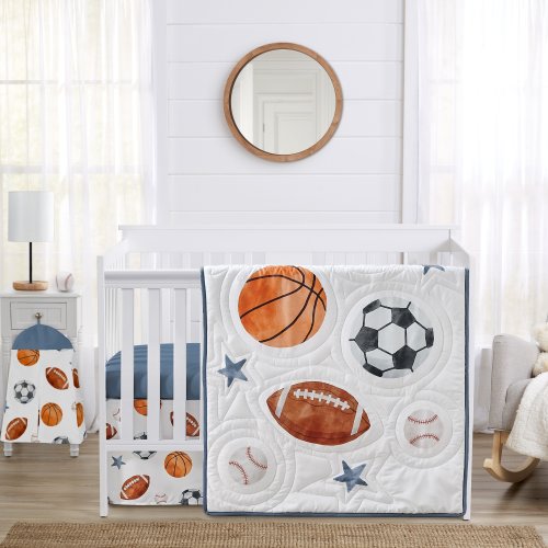 Sweet Jojo Designs Sports Theme Boy 4pc Nursery Crib Bedding Set Watercolor Vintage Soccer Balls Football Baseball Basketball