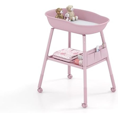 Diaper Changing Table - Baby Changing Table Dresser Station for Nursery, w/Changing Pad and Storage Pocket, Pink