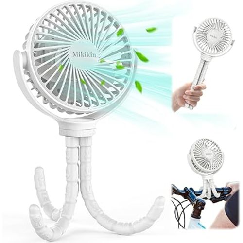 Portable Fan Battery Operated, Small Stroller Fan with Flexible Tripod Clip-on for Baby, USB Rechargeable and Handheld Cooling Fan for Travel, Camping, Treadmill and Bedroom(White)
