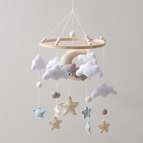 Baby Crib Mobile – Handmade Moon Bear Nursery Mobile, Mobile for Crib Neutral Felt Clouds Stars Hanging Toy, Beech Wood Ring Bassinet Mobile Baby Mobile Decor Gift