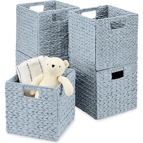 Best Choice Products 10.5x10.5in Pack of 5 Cube Storage Baskets, Water Hyacinth Multipurpose Collapsible Organizers, Handwoven Toy Storage Totes for Kids Room, Nursery & Living Room - Blue