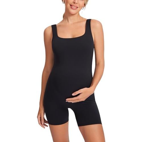 MOMANDA Women' s Maternity Bodysuit Sleeveless Shorts Jumpsuit Square Neck Tank Top for Pregnancy