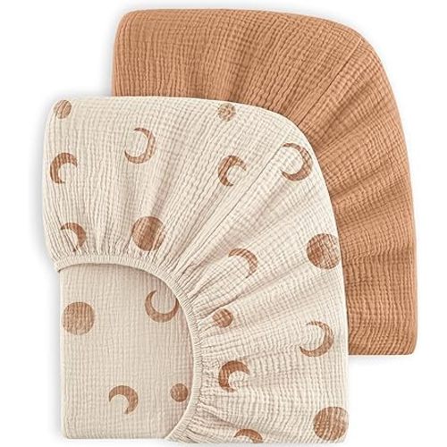 Bearmoss Muslin Crib Sheets 100% Cotton Baby Bed Sheets Soft&Breathable Nursery Sheet 52"x28" for Standard Crib Mattress&Toddler Bed Mattress - 2 Pack (Brown Moon)