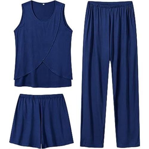 SWOMOG Women Maternity Pajama Set 3Pcs Nursing Pjs Sleeveless Pregnancy Set Breastfeeding Pjs Double Layer with Pockets
