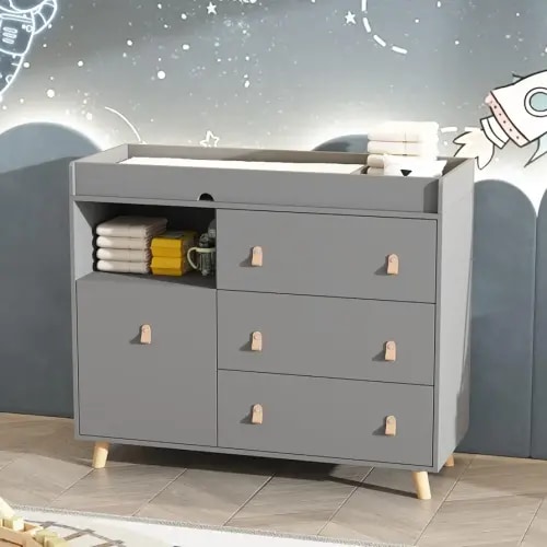 Baby Dresser with Changing Table Top, 4 Drawers Nursery Dresser with Removable Guard, Infant Diaper Changing Station Baby Cloth Organizer for Nursery and Kids Bedroom, Grey - 44.9" W