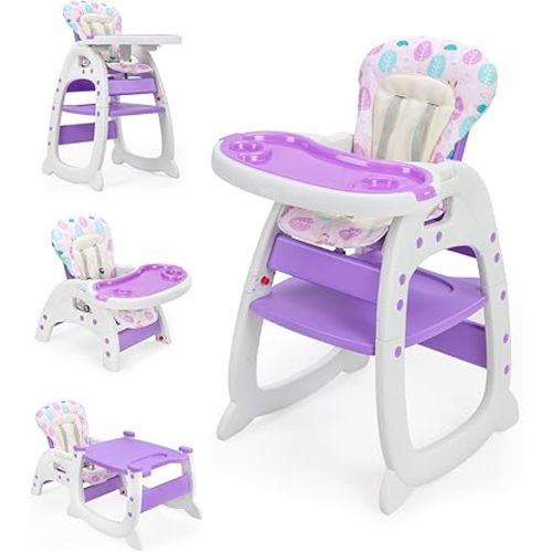 SANDINRAYLI Baby High Chair,3 in 1 Highchair for Babies and Toddlers, Convertible Toddler Eating Chair for 6 Months to 6 Years, Highchair for Baby Boy & Girl with Adjustable Tray, Purple