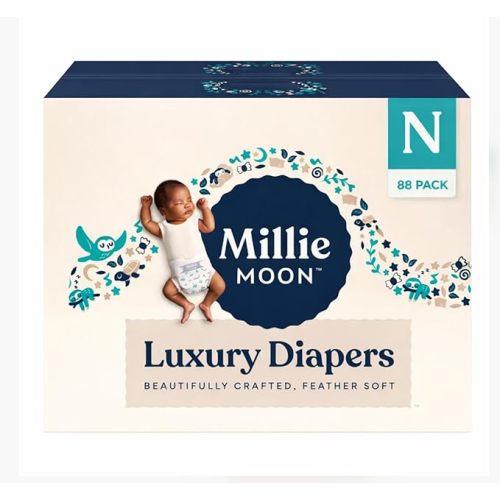 Millie Moon Luxury Disposable Baby Diapers Newborn Size (88 Count), Ultra Soft Comfort, Absorbent Core for Day & Night Use, Wetness Indicator, Gentle Materials, Secure Fit