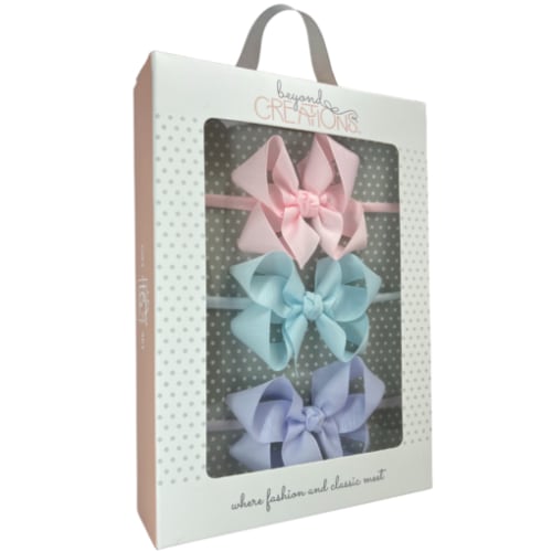 1/4" HEADBAND W/ 3.5" BOW GIFT BOX - POWDER PINK, POWDER BLUE & POWDER ORCHID - Beyond Creations