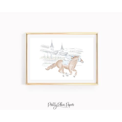 24x36 Print | Blue Gingham Racehorse & Jockey Artwork | Printable | Kentucky Derby | Original Art | Roses | Off TWO the Races | Nursery 0106